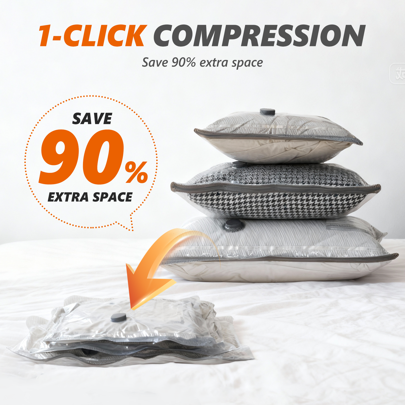 Travel Vacuum Bags with Wireless Pump, 15 Pack Vacuum Storage Bags with Powerful -70KPa Suction, for Maximum Compression in Luggage, Suitcase, Travel and Home Use for Clothes and Blankets, White