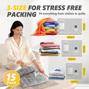 15 Pack Vacuum Storage Bags with -70KPa Electric Pump, Premium Tear-Resistant Reusable Bags for Clothing, Space Saving Essentials for Travel, White