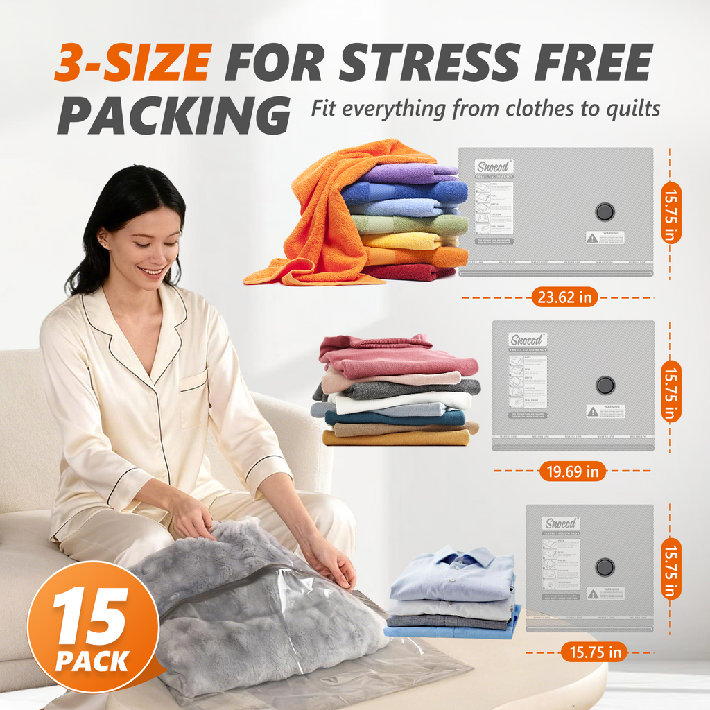 Travel Vacuum Bags with Wireless Pump, 15 Pack Vacuum Storage Bags with Powerful -70KPa Suction, for Maximum Compression in Luggage, Suitcase, Travel and Home Use for Clothes and Blankets, White
