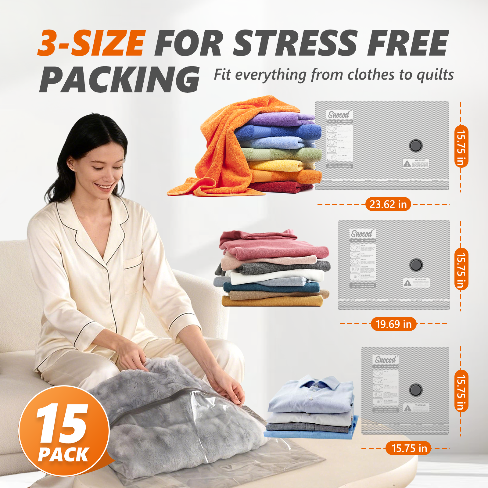 Travel Vacuum Bags with Wireless Pump, 15 Pack Vacuum Storage Bags with Powerful -70KPa Suction, for Maximum Compression in Luggage, Suitcase, Travel and Home Use for Clothes and Blankets, White