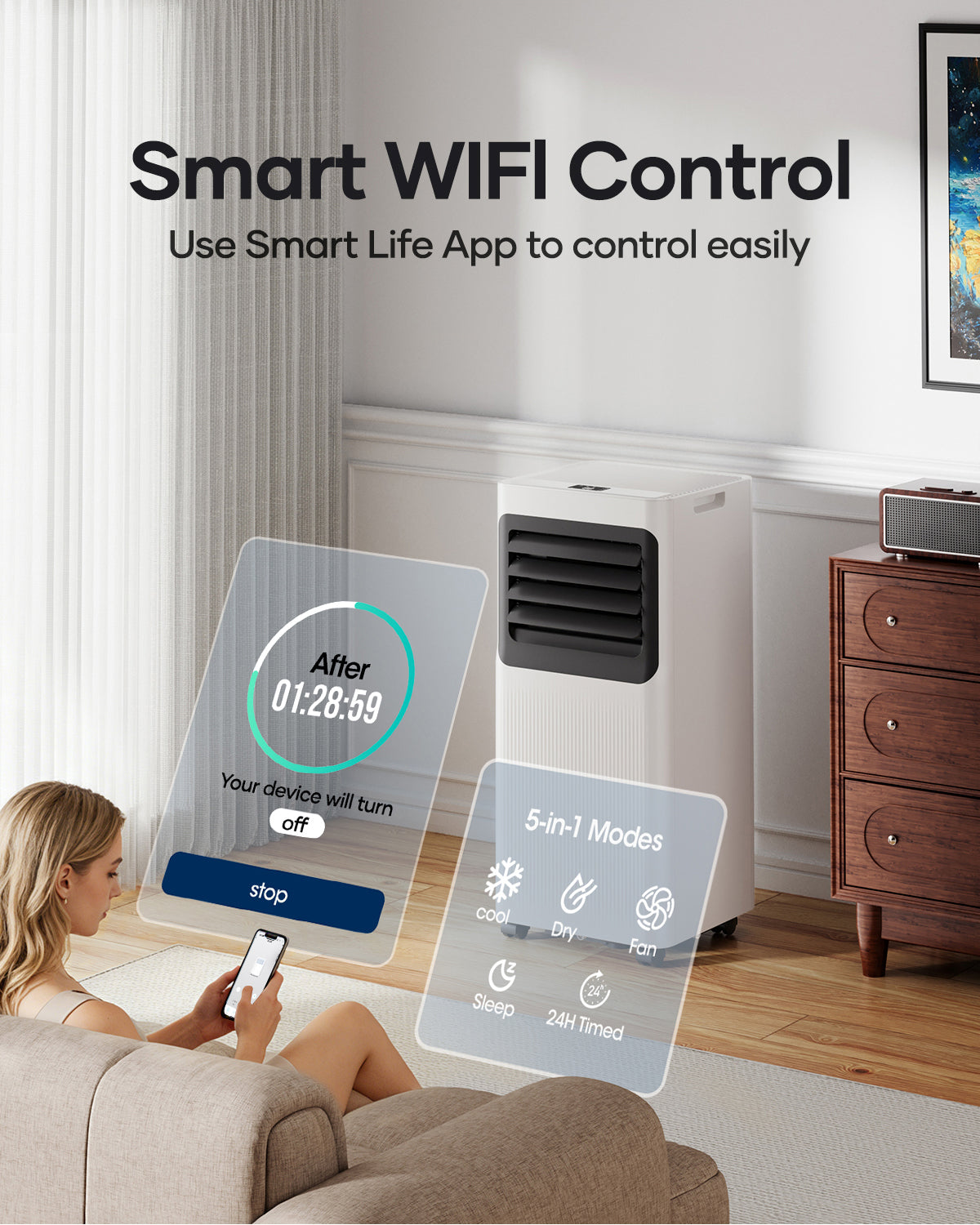 Portable Air Conditioners 16000 BTU 5-in-1 Smart WiFi APP Control, Cooling Dehumidifier Fan Sleep Mode, Window Kit, No Professional Installation, For Garage & Rooms Up to 600 Sq. Ft.
