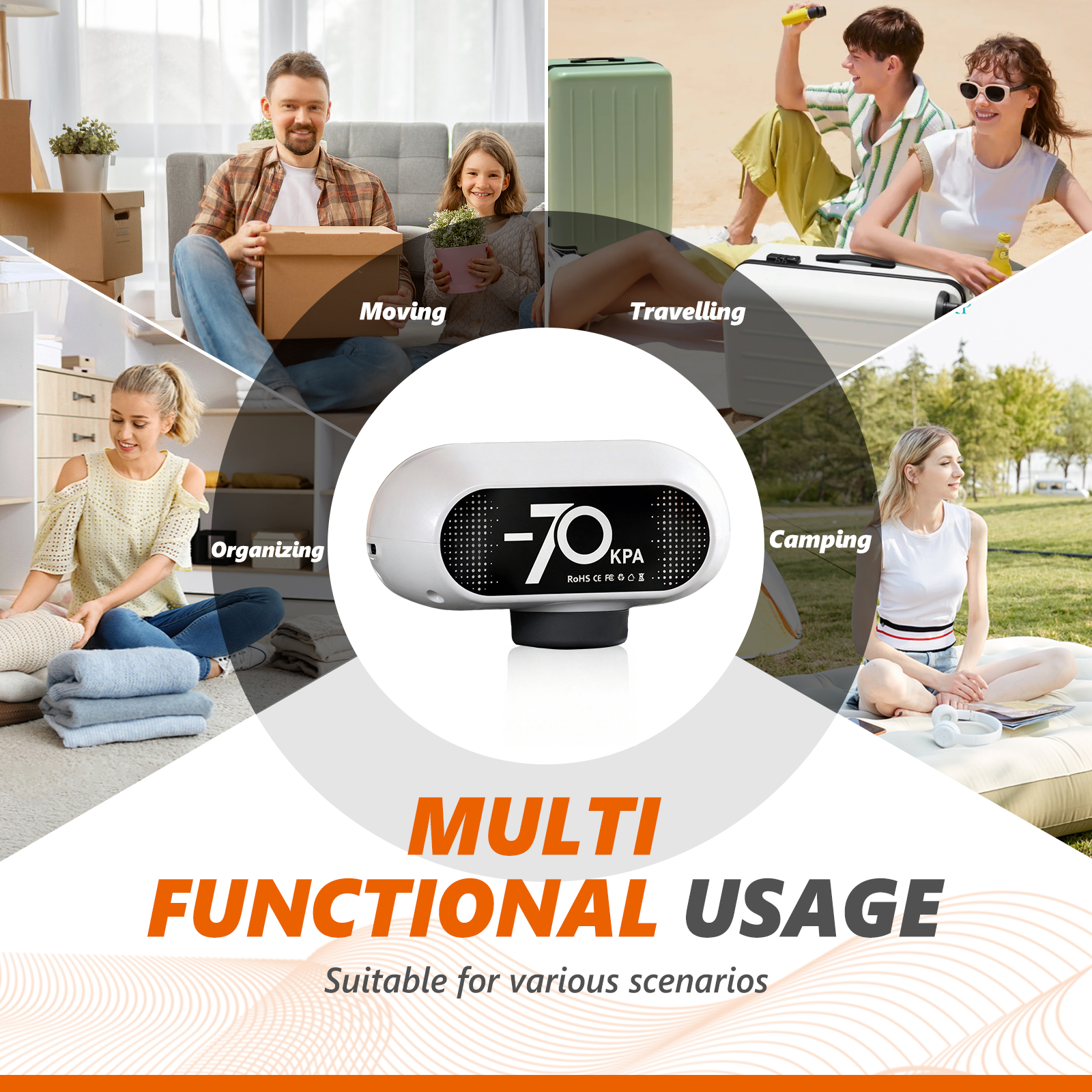 Travel Vacuum Bags with Wireless Pump, 15 Pack Vacuum Storage Bags with Powerful -70KPa Suction, for Maximum Compression in Luggage, Suitcase, Travel and Home Use for Clothes and Blankets, White