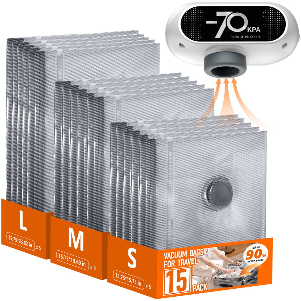 Travel Vacuum Bags with Wireless Pump, 15 Pack Vacuum Storage Bags with Powerful -70KPa Suction, for Maximum Compression in Luggage, Suitcase, Travel and Home Use for Clothes and Blankets, White