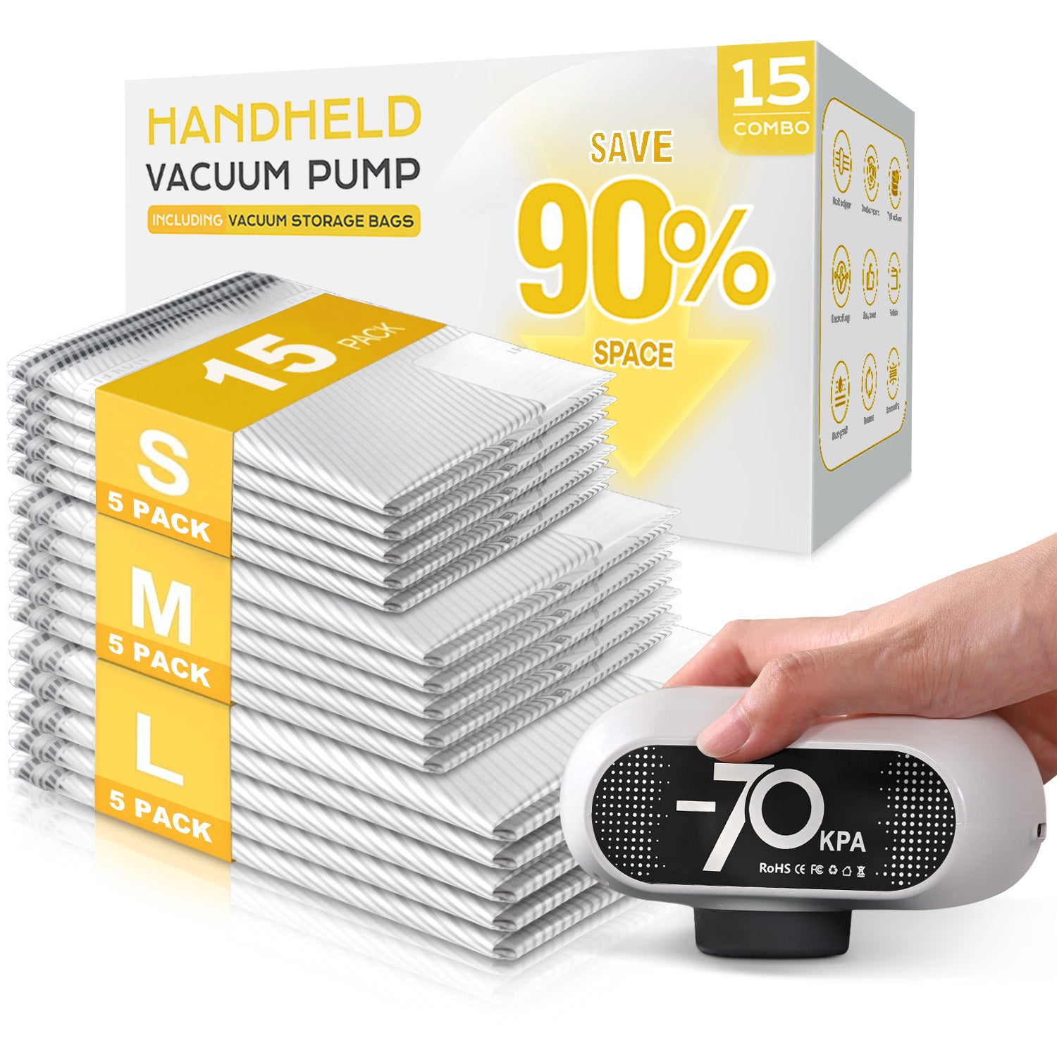 15 Pack Vacuum Storage Bags with -70KPa Electric Pump, Premium Tear-Resistant Reusable Bags for Clothing, Space Saving Essentials for Travel, White